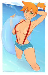 1girls abs alternate_breast_size ambiguous_gender areolae armpits belly big_breasts blue_background blush breasts cleavage clothed covered_nipples dimedrolly eyelashes fair-skinned_female fair_skin female female_focus female_only feral green_eyes human human_only kasumi_(pokemon) light-skinned_female light_skin looking_at_viewer misty_(pokemon) navel orange_hair pokemon short_hair shorts side_ponytail smile solo solo_female solo_focus spread_legs suspenders teeth text thick_thighs topless water watermark white_border