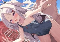 1boy bar_censor blue_archive blush breasts censored cross_section female fujieda_uzuki hair_ornament halo hina_(blue_archive) hina_(swimsuit)_(blue_archive) horns long_hair nipples one-piece_swimsuit open_mouth outdoors penis purple_eyes school_swimsuit sex sex_from_behind small_breasts straight swimsuit vaginal_penetration whistle whistle_around_neck white_hair wings