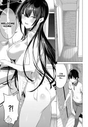 apron apron_only areolae ass ass_focus black_and_white blush breasts cooking haitekudasai_takamine-san hiiragi_yuuichi long_hair looking_at_viewer manga manga_page official official_art official_style shiny_skin sideboob takamine_takane very_long_hair yuichi_hiiragi