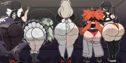 alexandrina_sebastiane ass ass_chart ass_comparison ass_focus bent_over corin_wickes dress_lift ellen_joe grace_howard hoyoverse koleda_belobog maid_uniform pants_down presenting_hindquarters red_hair shark_girl shark_tail size_difference ssleviathann zenless_zone_zero