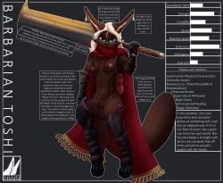 absurd_res animal_genitalia anthro armor armwear backpack balls belt black_body black_fur breasts clothing digital_media_(artwork) ear_piercing elbow_gloves english_text felid feline ferrn fur futanari genitals giant_sword gloves hair handwear herm hi_res intersex legwear looking_at_viewer mammal melee_weapon model_sheet nipple_piercing nipples nude pantherine piercing scar scarf simple_background smile solo sword tail text toshi_(ferrn) weapon