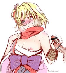 bangs bar_censor blonde_hair blush censored djeeta_(granblue_fantasy) granblue_fantasy hadanugi_dousa hair_ornament handjob japanese_clothes kengou_(granblue_fantasy) obi off_shoulder penis sarashi sash scarf short_hair sketch tachikawa_negoro upper_body