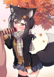 1boy animal_ears bar_censor black_hair black_jacket black_thighhighs blue_skirt bow bowtie breasts brown_eyes brown_sweater censored commission cum cum_on_body diagonal-striped_bow diagonal-striped_bowtie diagonal-striped_clothes facial fellatio female grey_scarf hair_ornament hairclip highres jacket large_variant_set layered_sleeves leaf_hair_ornament long_sleeves male_pubic_hair medium_hair miniskirt oral original penis penis_grab pinky_out plaid_clothes plaid_scarf plaid_skirt pleated_skirt pubic_hair red_bow red_bowtie scarf skeb_commission skirt small_breasts straight striped_clothes sweater tail testicles thighhighs variant_set wodaex wolf_ears wolf_girl wolf_tail