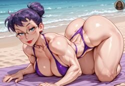 ai_generated ass beach bent_over big_breasts crawling female mama_(punch_punch_forever!) mama_matsumoto muscular muscular_female punch_punch_forever! seductive_look seductive_smile slingshot_swimsuit solo thick_thighs toned_female wide_hips yo0001