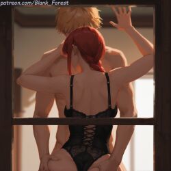 1boy 2girls against_glass ai_generated ass ass_grab back bare_shoulders black_panties blank_forest blonde_hair bottomless bra braid braided_ponytail breasts brown_hair chainsaw_man clothed_female_nude_male corset cowgirl_position denji_(chainsaw_man) doggy_style female from_behind imminent_penetration implied_sex indoors lace large_breasts lingerie long_hair makima_(chainsaw_man) medium_breasts mirror multiple_girls panties red_hair reflection sex sex_from_behind short_hair single_braid standing standing_sex straddling straight torso_grab underwear vaginal_penetration watermark window