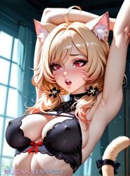 ahoge ai_generated animal_ear_fluff animal_ears armpits arms_up bangs bare_shoulders black_bra blonde_hair blurry blurry_background blush bow bra breasts cat_ears cat_tail cleavage covered_nipples eyebrows_visible_through_hair female frilled_bra hair_ornament indoors large_breasts lips long_hair looking_at_viewer low_twintails open_mouth red_eyes sleeveless slit_pupils solo squchan_(vtuber) sweat tail twintails underwear upper_body vyugen window