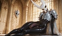 1boy ai ai_generated androgynous anthro armor cloak cock diffusion femboy girly glossy hi_res hollow_knight hollow_knight:_silksong hollow_knight_(franchise) hollow_knight_silksong huge insects lying male mask penis pure_vessel pure_vessel_(hollow_knight) solo stable veiny_penis vessel_(species) white_cloak