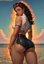 ai_generated ass ass_cheeks ass_focus asscheeks athletic athletic_female beach boobs breasts brown_eyes brown_hair brunette dark_hair earrings fit fit_female hair_ornament hand_on_thigh hispanic illari_(overwatch) long_hair looking_at_viewer looking_back looking_back_at_viewer overwatch overwatch_2 redbisycle shorts standing t-shirt tan_body tan_skin tanned tanned_female tanned_skin thick_ass thick_thighs toned toned_arms toned_back toned_belly toned_body toned_female toned_legs toned_stomach yoga_shorts