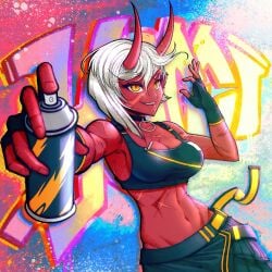 akumi bare_shoulders belt breasts choker cleavage demon_girl female gloves grin horns jewelry large_breasts looking_at_viewer navel necklace oerba_yun_fang oni red_oni red_skin short_hair shorts smile solo vyugen white_hair yellow_eyes