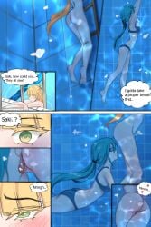 2girls air_bubbles bikini blonde_hair blue_hair blush blush exposed exposed_ass exposed_pussy green_eyes licking licking_pussy marima666_(artist) pool swimming swimming_goggles swimming_pool underwater water