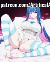 1girls ai_generated artifical_art blue_hair dress lying_on_bed masturbation no_panties panty_&_stocking_with_garterbelt pink_hair solo stocking_anarchy striped_legwear striped_thighhighs