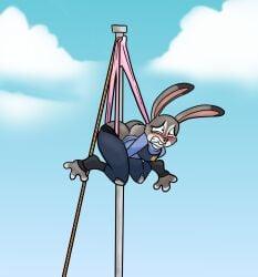 anthro ass clothed clothing disney embarrassed female flagpole flagpole_wedgie hanging_wedgie hi_res judy_hopps lagomorph leporid mammal pain panties pink_clothing pink_panties pink_underwear rabbit serafim6394 solo underwear wedgie zootopia
