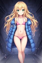 bikini bikini_under_clothes blonde_female blonde_hair blonde_hair_female blue_jacket diana_(pragmata) female green_eyes hoodie jacket long_hair looking_at_viewer petite petite_body petite_breasts petite_female petite_girl pink_bikini pragmata short_girl small_breasts small_frame small_girl smile solo solo_female spaceship spaceship_interior teen teenage_girl teenager unzipped unzipped_jacket winter_jacket