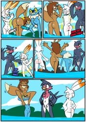 1girls 3boys birbpan eevee female froakie male nude pokemon scorbunny slapping_butt taillow water