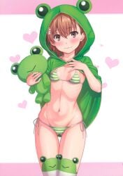 1girls 2020s 2024 absurd_res animal_hood ass_visible_through_thighs bikini blush breasts brown_eyes brown_hair cleft_of_venus cute female flower frog_hood gekota gluteal_fold green_hood hair_flower hair_ornament halterneck hand_on_own_chest heart hi_res holding holding_stuffed_toy hood isshi_pyuma looking_at_viewer matching_hair/eyes misaka_mikoto navel official_alternate_costume ribs scan short_hair simple_background small_breasts smile smiling_at_viewer solo standing stomach string_bikini striped_bikini striped_clothes stuffed_animal stuffed_toy swimsuit teenage_girl teenage_tits teenager thighhighs thighs to_aru_kagaku_no_railgun to_aru_majutsu_no_index young young_female