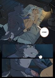 anthro back_scar beastars bed big_dom_small_sub biped canid canine canis domestic_dog dominant duo erection eye_scar facial_scar furniture gay gay_male genitals glans hemuchang hi_res humanoid_genitalia humanoid_penis jack_(beastars) legoshi_(beastars) male male/male mammal muscular muscular_anthro muscular_male on_bed penis scar size_difference slim_anthro slim_male wolf yaoi