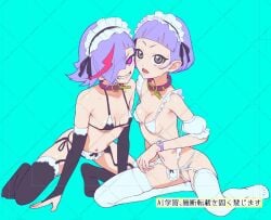 2girls belly_button bikini breasts collar colored_sketch dark_chii female female_only gray_eyes grey_eyes himitsu_no_aipri light-skinned_female light_skin maid maid_bikini mamiya_chii muramura_hito pretty_(series) pretty_series purple_eyes purple_hair simple_background small_breasts syn_sophia takara_tomy thighhighs