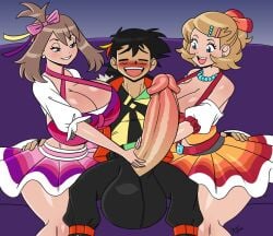 aeolus06 huge_breasts imminent_sex may_(pokemon) may_(pokemon_oras) pokemon pokemon_xy satoshi_(pokemon) satoshi_(pokemon) serena_(pokemon) smile threesome