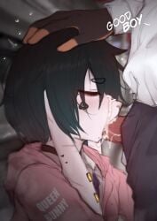 absurd_res anthro black_hair clothed clothing duo english_text femboy genitals hair heart_symbol hi_res lagomorph leporid male male/male male_penetrated male_penetrating male_penetrating_male mammal oral penetration penile penile_penetration penis piercing rabbit red_eyes sex silviaxrk text white_body