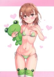 1girls 2020s 2024 absurd_res bikini blush breasts brown_eyes brown_hair cleft_of_venus female flower gekota gluteal_fold hair_flower hair_ornament halterneck hand_on_own_chest heart hi_res isshi_pyuma looking_at_viewer matching_hair/eyes misaka_mikoto navel official_alternate_costume parted_lips ribs scan short_hair simple_background small_breasts solo standing stomach string_bikini striped_bikini striped_clothes stuffed_animal stuffed_toy swimsuit teeth thighhighs thighs to_aru_kagaku_no_railgun to_aru_majutsu_no_index