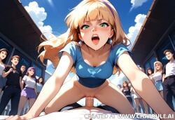 1boy 1girl ai_generated arena blonde_hair cum cumshot female group hentai naked penis public screaming sex