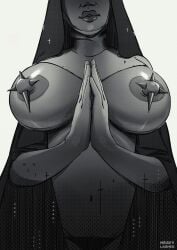 1girls breasts breasts_out heavy_lashes_(artist) nipple_piercing nun nun_outfit pierced_nipples praying