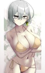 1girls actancyaga arms_crossed arms_crossed_under_breasts bikini breasts crossing_arms curvy diabellstar_the_black_witch duel_monster earrings female konami looking_at_viewer muscular_female navel pale-skinned_female pale_skin pose short_hair silver_eyes silver_hair solo sweatdrop yu-gi-oh!
