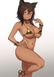 1girls animal_ears ass bastet_(houtengeki) belly big_breasts bikini bra breasts brown_hair choker cleavage clothed dark-skinned_female dark_skin egyptian egyptian_mythology feet female female_only gold_bikini golden_bikini houtengeki large_breasts looking_at_viewer mythology navel original pink_eyes shoes short_hair sideboob solo thick_thighs underboob wide_hips