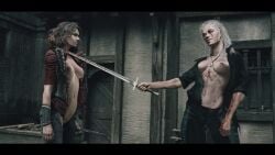 2d 2girls antonhnz breasts brown_hair defeated female geralt_of_rivia light-skinned_female nipples nude pussy renfri_(the_witcher) rule_63 scar sword the_witcher_(netflix) the_witcher_(series) white_hair witcher_medallion yellow_eyes