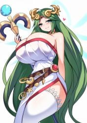 absurdres breasts green_eyes grey_hair highres huge_breasts kid_icarus kid_icarus_uprising long_hair nintendo palutena solo staff tea_texiamato tiamat_(momokuri_mannen) very_long_hair