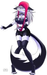 1girls anthro atomic_wedgie bottomwear breasts canid canid_demon canine cleavage clothed clothing collar demon dlovolb female furry hellhound helluva_boss hi_res legwear long_tail loona_(helluva_boss) mammal mythological_canine mythological_creature mythology panties pants panty_pull pink_bottomwear pink_clothing pink_panties solo spiked_collar spikes stockings tail thighhighs underwear wedgie wolf wolf_girl