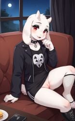 1girls 2025 ai_generated anthro choker digitigrade ear_piercing eyeliner eyeshadow female female_only fishnet_legwear fishnets goth goth_girl hi_res high-angle_view horn_piercing horns indoors innie_pussy jacket living_room moon night on_couch pussy red_eyes shirt sitting smile toriel undertale white_fur