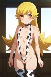 ai_generated animal_print bell blonde_hair blush breasts collarbone cow_print cowboy_shot female long_hair navel oshino_shinobu pointy_ears slingshot_swimsuit small_breasts solo swimsuit thighhighs yellow_eyes