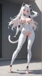 adult ai_generated barefoot busty cat_ears cat_tail female full_body long_hair nipples_exposed red_eyes robot_female sexy_pose small_fangs smile uncensored vagina_exposed virgin white_bodysuit white_hair