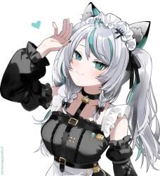 animal_ears black_sky braided_sidelocks cake cheek_rest copyright_request cross-laced_clothes cross-laced_sleeves dessert food frilled_straps fuzzy_clothes grey_nails grey_tail highres hinamori_anthea holding holding_saucer indie indie_virtual_youtuber leopard_ears leopard_tail maid nata_(tool) non-web_source red_pupils saucer sky snow_leopard_tail strawberry_shortcake tail teapot virtual wallpaper_(object) youtuber