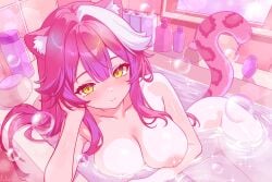 animal_ear_fluff animal_ears bangs bathing blush bottle breasts bubble closed_mouth collarbone eyebrows_visible_through_hair female hololive indoors large_breasts long_hair looking_at_viewer mirror nipples nude pink_hair raora_panthera sidelocks smile solo tail towel water yellow_eyes