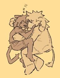 2023 animate_inanimate anthro blush blush_lines bodily_fluids bottomwear closed_eyes clothed clothed_anthro clothed_male clothing cum cum_on_face digital_drawing_(artwork) digital_media_(artwork) domestic_cat drooling duo felid feline felis fur genital_fluids hair helregin hug living_plushie lying male male/male male_anthro mammal open_mouth plushie saliva shirt shorts simple_background sleeping sound_effects t-shirt tail topwear vowelless vowelless_sound_effect yellow_background zzz