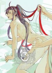 2boys ahoge all_fours anal ankekkai ass bed_sheet bishounen black_hair blush completely_nude doggy_style english_text grabbing_another's_hair hair_ribbon hand_on_another's_hip highres holding_another's_hair indoors lan_wangji long_hair looking_back male male_focus modao_zushi multiple_boys nude on_bed open_mouth out_of_frame ponytail red_ribbon ribbon sex sex_from_behind sheet_grab sidelocks smile solo_focus sweat twitter_username watermark wei_wuxian yaoi