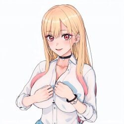 1girls ai_generated animated animated bikini blonde_hair breast_jiggle breasts choker ear_piercing female female_only human kitagawa_marin large_breasts long_hair multicolored_hair open_shirt pitophee red_eyes shirt solo sono_bisque_doll_wa_koi_wo_suru tagme