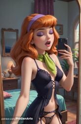 1girls ai_generated artist_name babydoll bare_shoulders bed bedroom black_babydoll black_panties breasts cartoon_network cellphone closed_eyes curly_hair curtains daphne_blake eyeshadow freckles garter_belt ginger ginger_hair hairband hanna-barbera hi_res holding holding_phone indoors lamp lingerie lips lipstick long_hair makeup medium_breasts mirror mole mole_under_eye nail_polish navel open_mouth orange_hair panties patreon_username phone progenarts purple_nails scarf scooby-doo see-through selfie smartphone solo underwear warner_brothers web_address