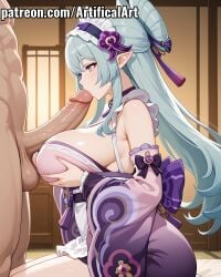 1boy 1girls ai_generated aqua_hair artifical_art balls big_breasts blush demon demon_girl genshin_impact hair_ornament hair_stick hoyoverse kissing kissing_penis light-skinned_female light_skin maid_headdress mihoyo paizuri penis penis_on_breast perfect_body pointy_ears purple_eyes titjob titjob yokai yumemizuki_mizuki