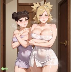 2girls after_bath ai_generated almost_naked bare_chest bare_legs bare_shoulders bare_thighs barely_clothed bathroom blunt_bangs blush boruto:_naruto_next_generations breast_envy breast_size_difference breasts cleavage collarbone covering covering_self double_bun embarrassed facing_viewer female female_only front_view green_eyes hair_bun hotel_room implied_yuri indoors looking_at_viewer mature mature_female milf mostly_nude multiple_girls naked_towel naruto naruto_(series) ponytail quad_tails smile soaked solo solo_focus steam swept_bangs temari tenten the_hentaier thighs towel towel_only wet wet_body wet_skin