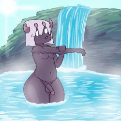 bathing brown_body digital_drawing_(artwork) kirby_(series) kirby_triple_deluxe male male_only naked naked_male nintendo penis steamy taranza thick_thighs thighs waterfall wet_hair white_eyes white_hair