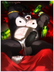 absurd_res adastra adastra_(series) alcohol amicus_(adastra) anthro balls bedding belly beverage big_penis blanket bottomwear bulge canid canine canis clothing detailed drunk echo_project erection full-length_portrait fur genitals grey_body grey_fur hi_res jewelry loincloth lying male mammal messy_room muscular muscular_anthro muscular_male nipples nude on_back pecs penis portrait slightly_chubby solo substance_intoxication the_wandering_jake vein veiny_penis wine wine_bottle wolf