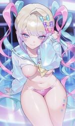 ai_generated bow breasts chouzetsusaikawa_tenshi-chan exposed_breasts hair_ornament medium_breasts navel needy_girl_overdose needy_streamer_overload nipples panties partially_clothed pink_panties shiny_skin smile thick_thighs underwear