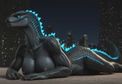 ai_generated anthro anthropomorphic beautiful big_breasts black_scales blue_eyes breasts city_background curvy_figure dragon dragon_girl female female_anthro female_focus female_monster female_only furry furry_only godzilla godzilla_(series) in_heat kaiju large_breasts larger_female laying_down laying_on_stomach lizard_girl looking_at_viewer monster monster_girl monster_girl_(genre) posing posing_for_the_viewer realistic reptile_girl scales scalie scalie_female scalie_only seductive seductive_look seductive_smile sexy sexy_body sexy_pose tits_out voluptuous voluptuous_female