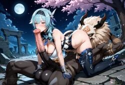 1girls 69 69_position ai_generated anthro anthro_male anthro_on_female bangs big_ass big_balls big_breasts big_butt big_penis blowjob blue_hair blush blush cherry_blossoms colorful_eyes creamhorseai curvy curvy_female curvy_figure dark-skinned_male dark_skin equine_penis eula_(genshin_impact) fellatio female fit fit_female genshin_impact gradient_eyes hair_ornament headband high_heels high_resolution highres horny horny_female horse_penis horsecock horsecock_on_humanoid huge_ass huge_balls huge_breasts huge_cock hyper_balls licking_penis light-skinned_female light_skin long_sleeves male male/female male_anthro/female_human male_on_female mask mitachurl monster moon moonlight muscular_male night oral oral_sex outdoors pale-skinned_female pale_skin ruins seductive short_hair sucking_tip testicles tie tribal voluptuous voluptuous_female