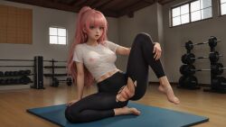 3am 4k ai_generated barefoot blue_eyes blush breasts earrings exercise feet female gym gymnasium indoors long_hair looking_at_viewer navel nipples olivia_monroe open_mouth pants pink_hair ponytail pussy see-through shirt sitting solo spread_legs stable_diffusion torn_clothes torn_pants uncensored virtual_youtuber vtuber wardrobe_malfunction wet_clothes wet_shirt wetartist yoga_mat yoga_pants