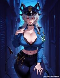 ai_generated balecxi black_bra black_choker black_horns black_nails cleavage demon_girl demon_horns demon_tail female grey_hair handcuffs hoop_earrings jewelry large_breasts long_hair looking_at_viewer midriff navel pants police police_hat police_uniform policewoman red_eyes solo tongue tongue_out underwear wuthering_waves zani_(wuthering_waves)