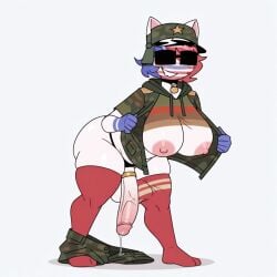 1futa 1futanari ai_generated america_(countryhumans) bending_forward bending_over breasts breasts_out camo camo_clothing camo_print camouflage cat_ears catgirl civitai civitai_lora cock_ring collar countryhumans countryhumans_futa futa_only futanari futanari golden_cock_ring hat huge_breasts huge_cock huge_cock jacket jingle_bell_collar military_uniform panties penis precum precum_drip showing_off smiling solo sunglasses thighhighs thighs transexual transfem united_states_of_america_(countryhumans) white_background